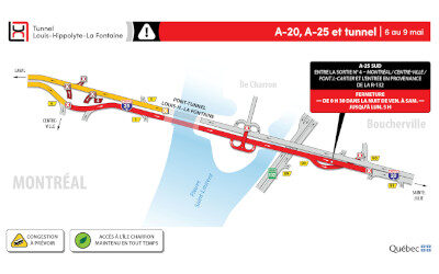 Fin de semaine du 6 au 9 mai:  fermeture complète du tunnel Louis-Hippolyte-La Fontain en direction de la Rive-Sud
