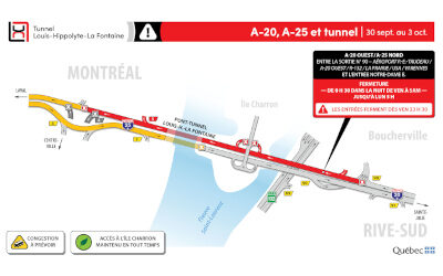 Tunnel Louis-Hippolyte: fermeture complète de l’autoroute 25 en direction de Montréal du 30 septembre au 3 octobre