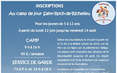Municipalité de Saint-Roch-de-Richelieu: inscriptions au camp de jour 2026