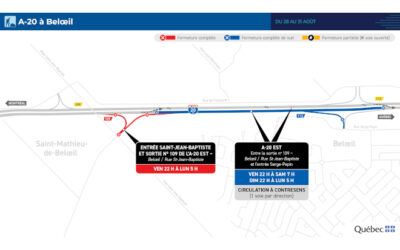 Fermeture complète de bretelles de l’autoroute 20, en direction est, à Belœil pendant la fin de semaine du 28 au 31 août