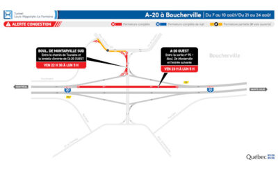 Réfection majeure du tunnel Louis-Hippolyte-La Fontaine: fermetures de l’autoroute 20 à Boucherville durant quatre fins de semaine