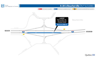 Réfection majeure du tunnel Louis-Hippolyte-La Fontaine: fermetures sur l’autoroute 20 à Boucherville durant les nuits du 1er et du 2 octobre